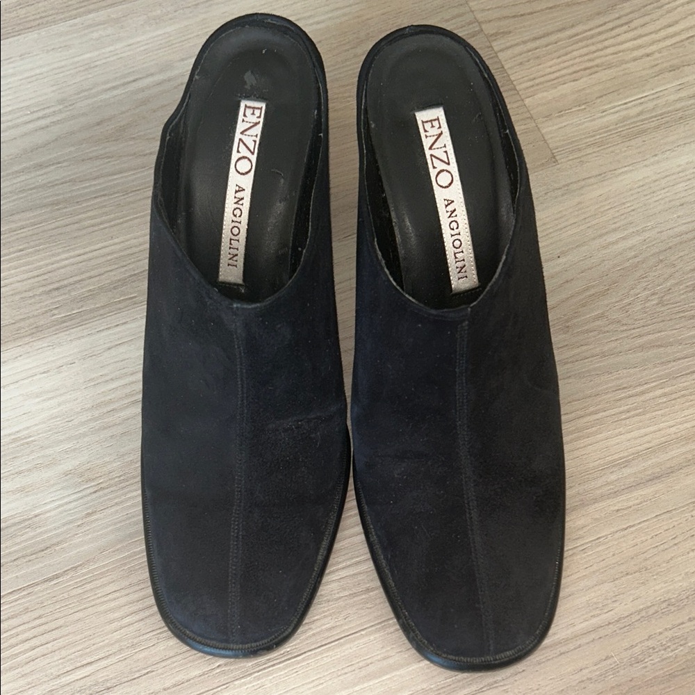 Enzo Angiolini Suede Mules Black 8M Slip-On Shoes Block Heels Classic Timeless